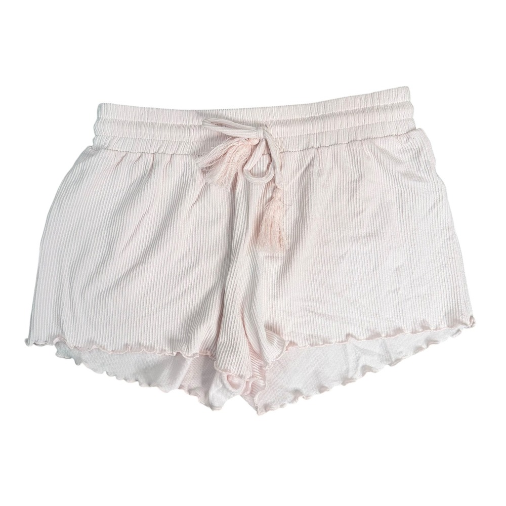 Shaddow & Fish Womens Ribbed Lounge Shorts Pink Tassel Drawstring Lettuce Hem S